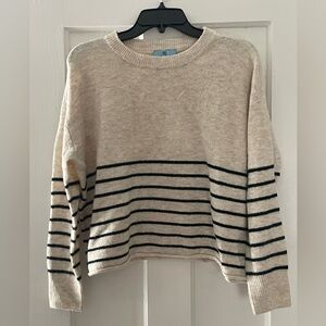 CeCe Cream and Black Striped Crew Neck Sweater